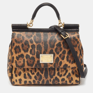 DOLCE & GABBANA Black/Brown Leopard Print Coated Canvas and Leather Large Miss Sicily Top Handle Bag