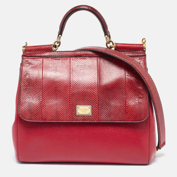 DOLCE & GABBANA Red Watersnake and Leather Large Miss Sicily Top Handle Bag