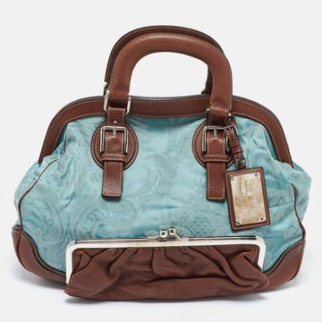 DOLCE & GABBANA Brown/Blue Brocade Fabric and Leather Miss Romantique Satchel