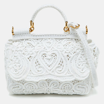 DOLCE & GABBANA White Fabric Cordonetto Lace Medium Sicily Cordonetto Top Handle Bag