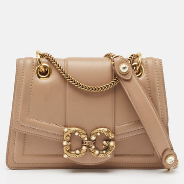 DOLCE & GABBANA Beige Leather DG Amore Shoulder Bag