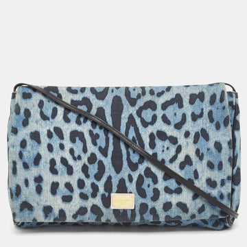 DOLCE & GABBANA Blue/Black Leopard Print Denim Flap Shoulder Bag