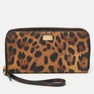 DOLCE & GABBANA Leopard Print Coated Canvas Zip Around Wristlet Wallet