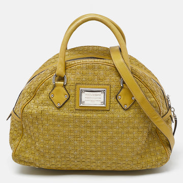 DOLCE & GABBANA Olive Green Woven Leather Miss Biz Satchel