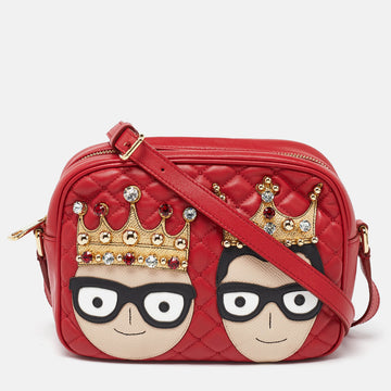 DOLCE & GABBANA Red Leather Glam Embellished Camera Bag