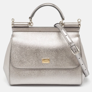 DOLCE & GABBANA Metallic Grey Leather Medium Miss Sicily Top Handle Bag