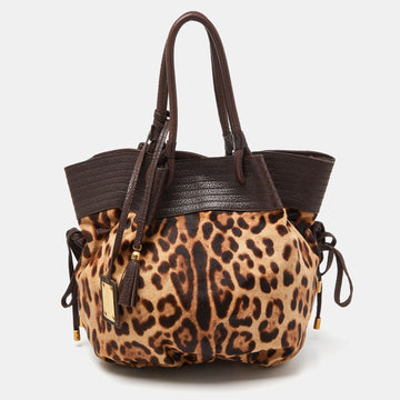 DOLCE & GABBANA Brown Leopard Calf Hair and Leather Drawstring Hobo