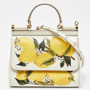 DOLCE & GABBANA Off White/Yellow Lemon Print Leather Small Miss Sicily Top Handle Bag