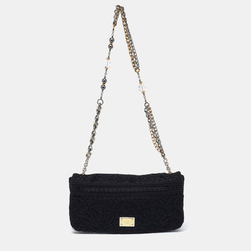 DOLCE & GABBANA Black Lace Chain Flap Shoulder Bag