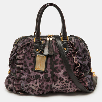DOLCE & GABBANA Purple Leopard Print Canvas and Leather Miss Rouche Bag