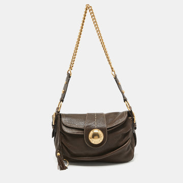 DOLCE & GABBANA Dark Brown Leather Flap Tassel Shoulder Bag