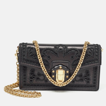 DOLCE & GABBANA Black Leather Embroidered Lucia Wallet On Chain