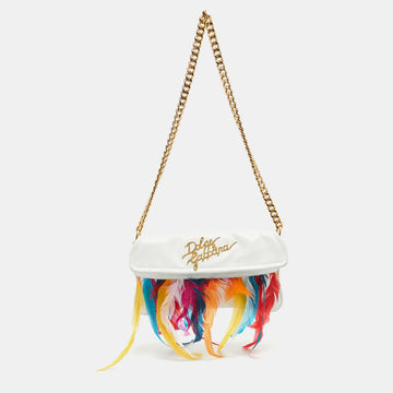 DOLCE & GABBANA White/Multicolor Leather and Feather Clutch Bag