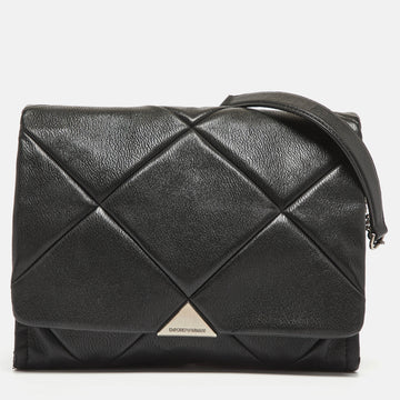 EMPORIO ARMANI Black Quilted Faux Leather Noelle Flap Shoulder Bag