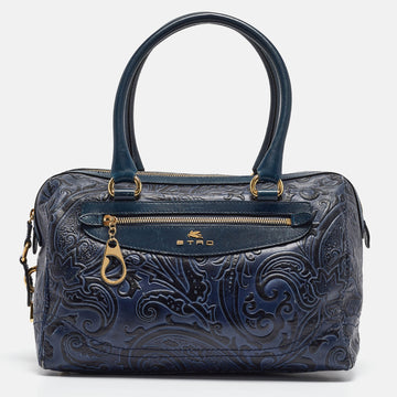 ETRO Blue/Black Paisley Embossed Leather Front Pocket Boston Bag