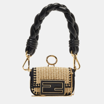 FENDI Beige/Black Raffia and Leather Nano Baguette Charm