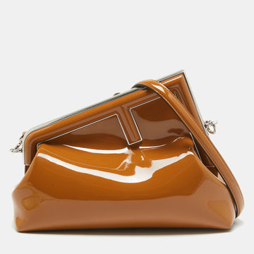 FENDI Brown Patent Leather  First Midi Shoulder Bag