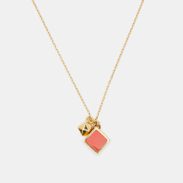 FENDI Red Enamel Cube Gold Tone Pendant Necklace