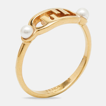 FENDI O'Clock Faux Pearl Gold Tone Ring Size 55