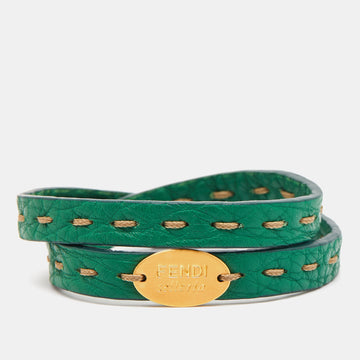 FENDI Selleria Leather Gold Tone Double Wrap Bracelet