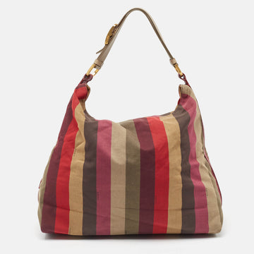FENDI Multicolor Fabric and Leather Large Pequin Striped Hobo