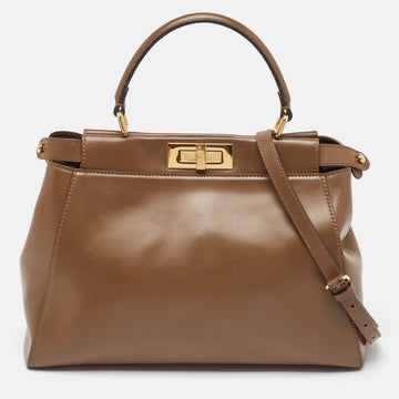FENDI Brown Leather Medium Peekaboo Top Handle Bag