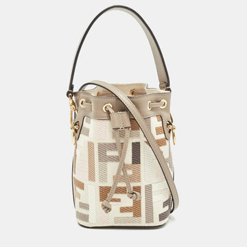 FENDI Beige Zucca Ricamo Canvas and Leather Mini Mon Tresor Bucket Bag