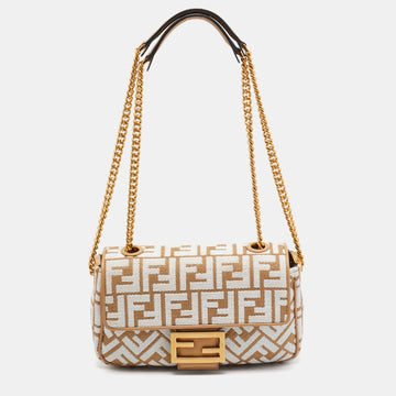 FENDI Beige/White FF Raffia and Leather Midi Chain Baguette Bag