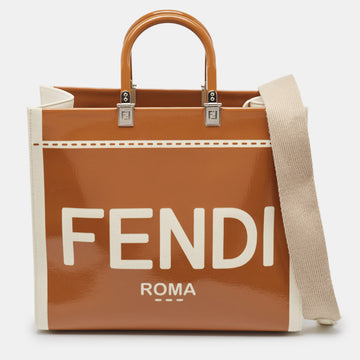 FENDI Brown/Off White Canvas and Patent Leather Medium Sunshine Shopper Tote