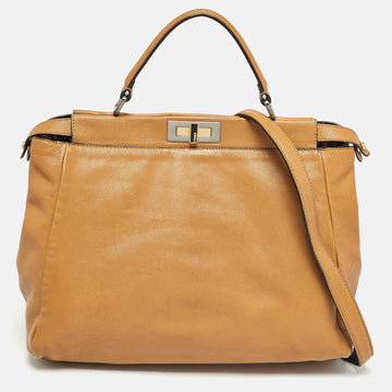 FENDI Tan Leather Large Peekaboo Top Handle Bag