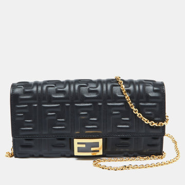 FENDI Black Zucca Embossed Leather Baguette Wallet on Chain