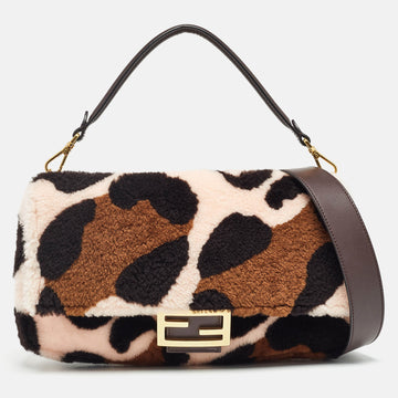 FENDI Multicolor Leopard Print Shearling and Leather Large Baguette Bag