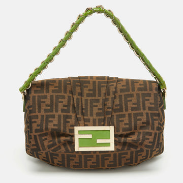 FENDI Tobacco Zucca Canvas and Patent Leather Mia Flap Shoulder Bag