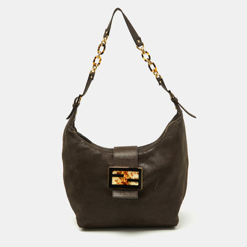 FENDI Dark Brown Shimmer Nubuck Leather Forever Hobo