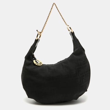 FENDI Black Zucca Canvas and Leather Chef Chain Link Hobo