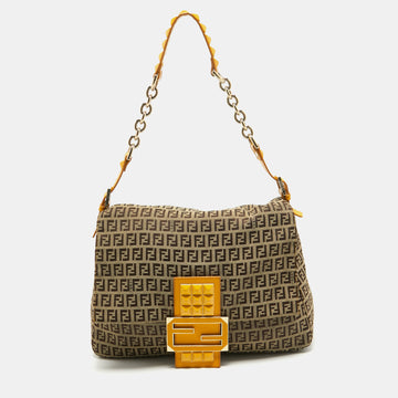 FENDI Yellow/Beige Zucchino Canvas Large Studded Mama Forever Shoulder Bag