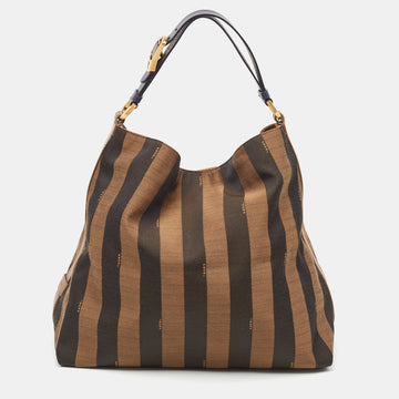 FENDI Tobacco Pequin Stripe Canvas and Leather Hobo