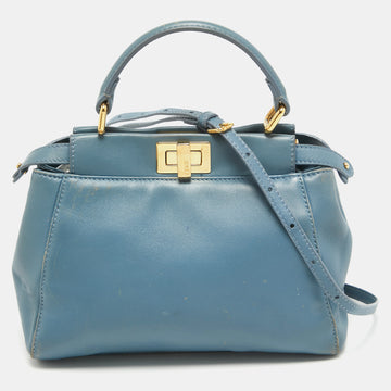 FENDI Light Blue Leather Mini Peekaboo Top Handle Bag