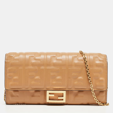 FENDI Beige Zucca Embossed Leather Baguette Wallet on Chain