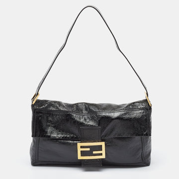 FENDI Black Patent Leather Large Convertible Baguette Bag