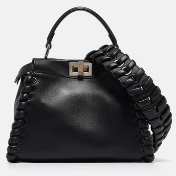 FENDI Black Leather Mini Whipstitched Peekaboo Top Handle Bag