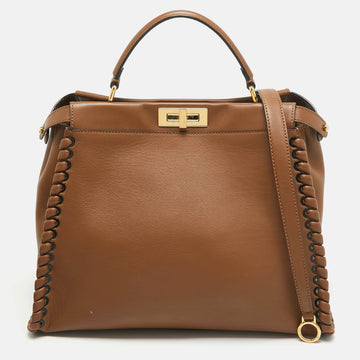 FENDI Brown Leather Large Whipstitch Peekaboo Top Handle Bag
