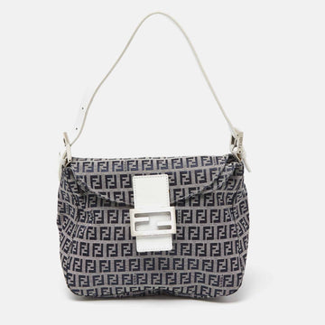 FENDI Navy Blue/White Zucchino Fabric and Leather FF Double Flap Bag