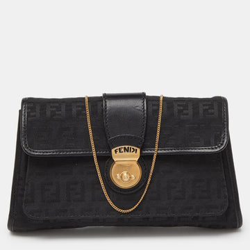 FENDI Black Zucchino Canvas and Leather Wallet on Chain
