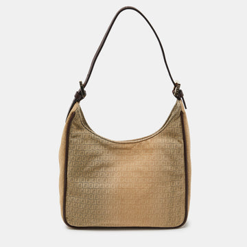 FENDI Beige/Brown Zucchino Canvas and Leather Shoulder Bag