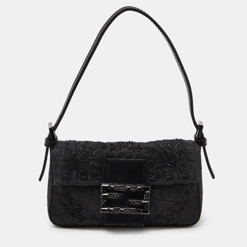 FENDI Black Zucchino Canvas and Leather Beads Embellished Baguette Bag