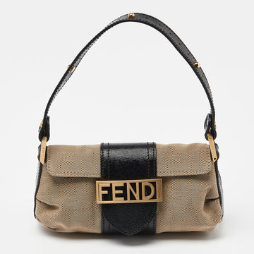FENDI Beige/Black Canvas and Leather Baguette Bag
