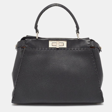 FENDI Black Selleria Leather Medium Iconic Peekaboo Top Handle Bag