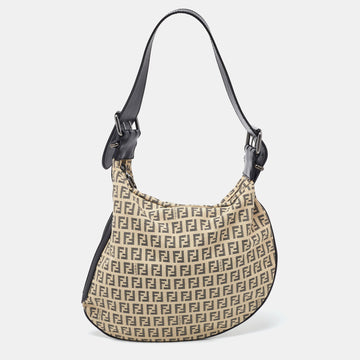FENDI Beige/Black Zucchino Canvas and Leather Oyster Hobo