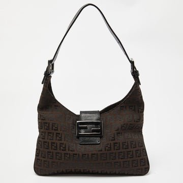 FENDI Tobacco Zucchino Fabric and Leather Baguette Flap Bag
